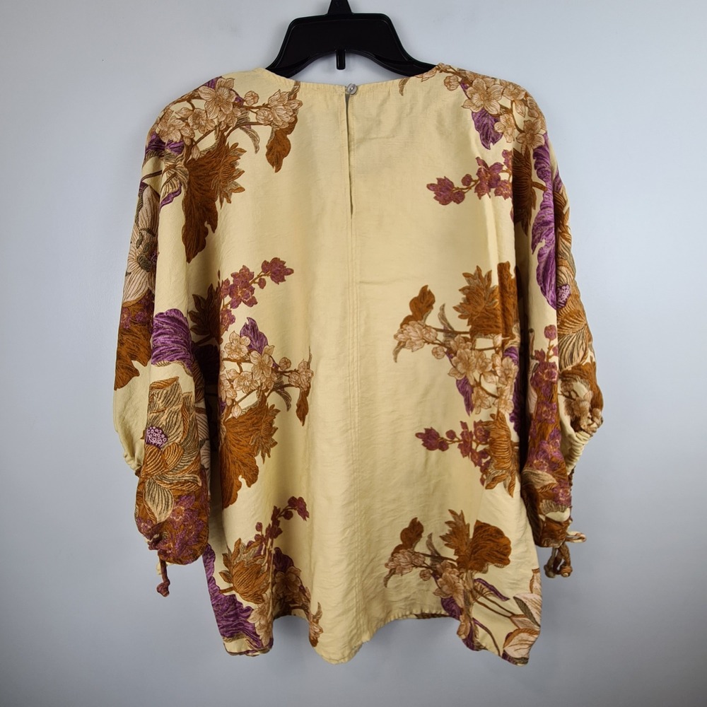 Entro Womens 1X Yellow Floral Boho Blouse Ruched Tie Sleeve Rayon Top Earthy Art - Picture 8 of 11